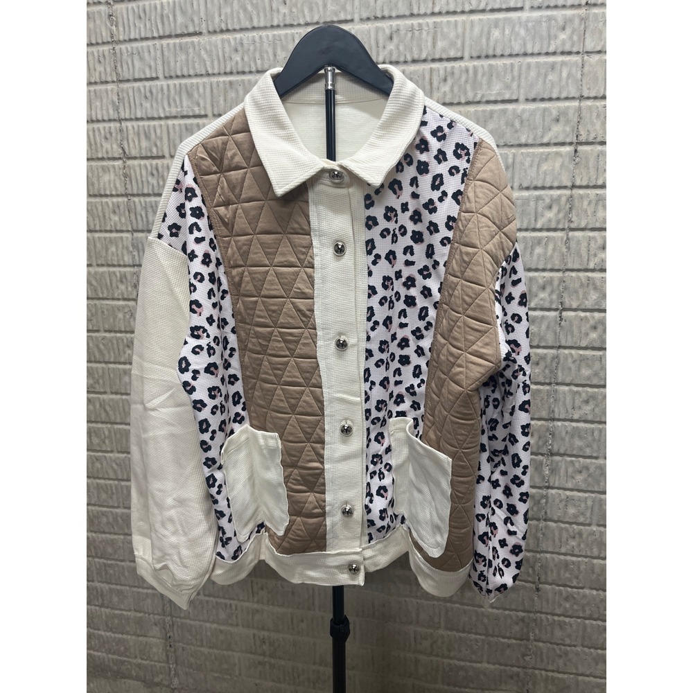 Patchwork Leopard Print Quilted Jacket Womens Xl … - image 1